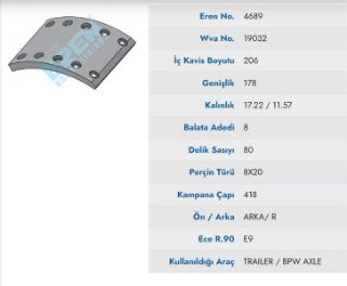 DORSE / BPW - SAF DINGIL FREN BALATASI PABUC PILOT 18CM resmi