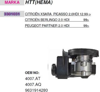 HİDROLİK DİREKSİYON POMPASI (HEMA) PARTNER II BERLİNGO II XSARA PICASSO DW10TD (2,0HDI 8V) / (03 08) CAP:125MM resmi